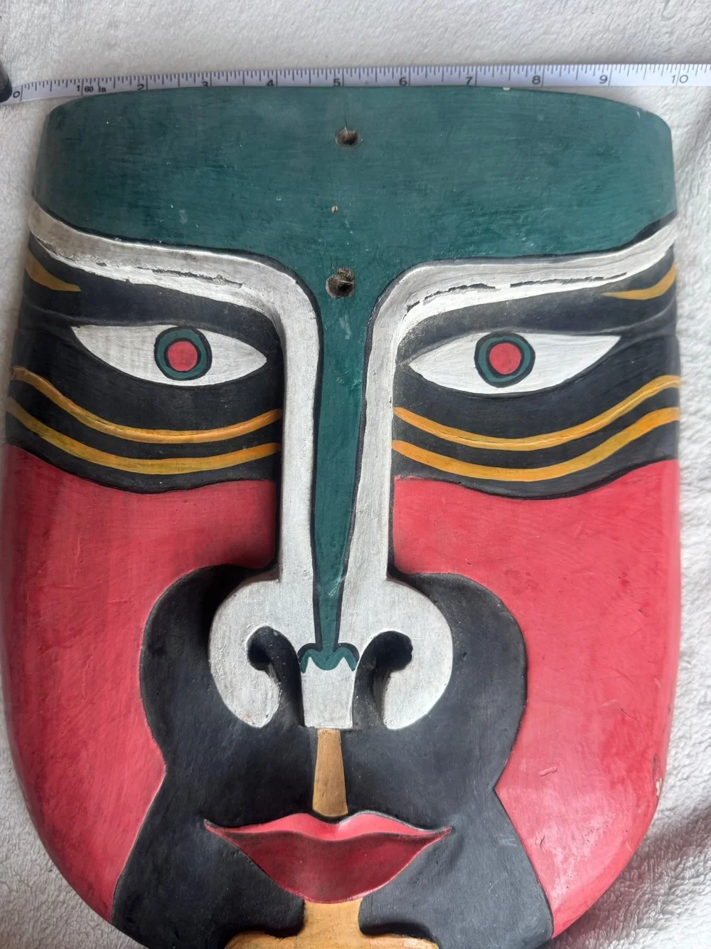 Handcrafted Tribal Mask Art in Red, Black & Teal Vintage Wall Hanging